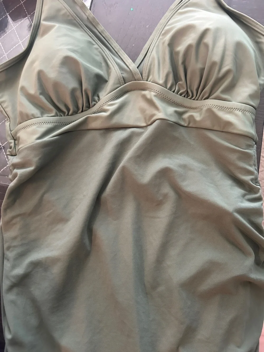 Olive Green Ruched Mesh Swim Dress - Picture 5 of 9